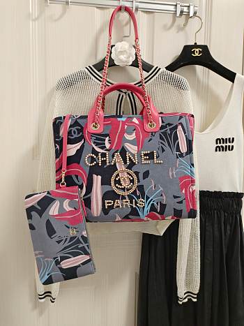 Fortok Chanel 23A Deauville Flower Pattern Shopping Bag Blue and Pink 38cm