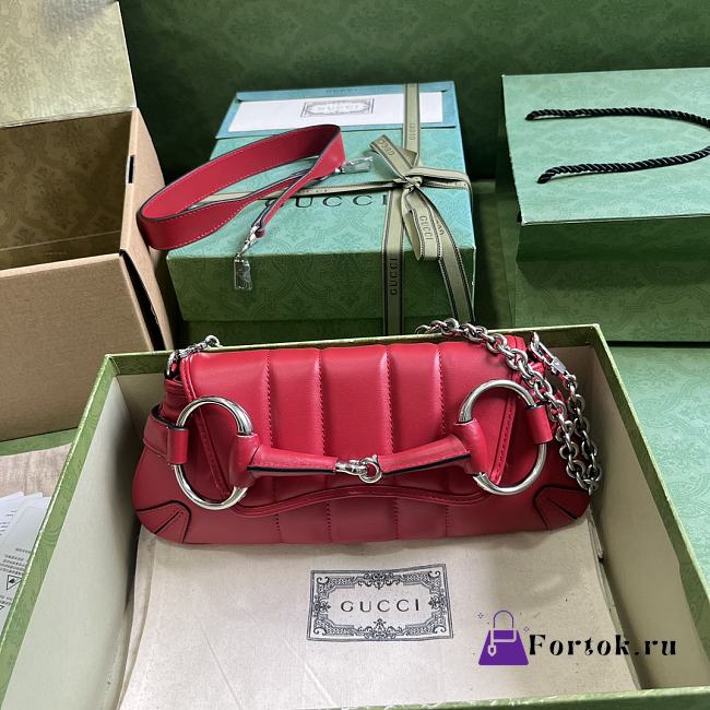 Fortok Gucci Horsebit Chain Shoulder Bag Red 27x11.5x5cm - 1