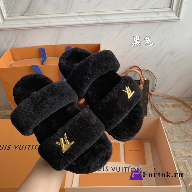 Fortok Louis Vuitton Sunset Comfort Fur Slippers Black - 1