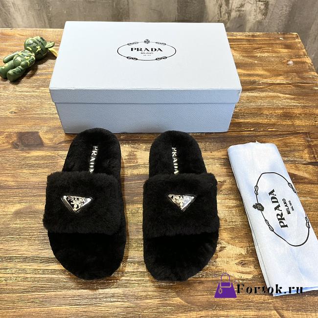 Fortok Prada Shearling Slipper Sandals Black - 1