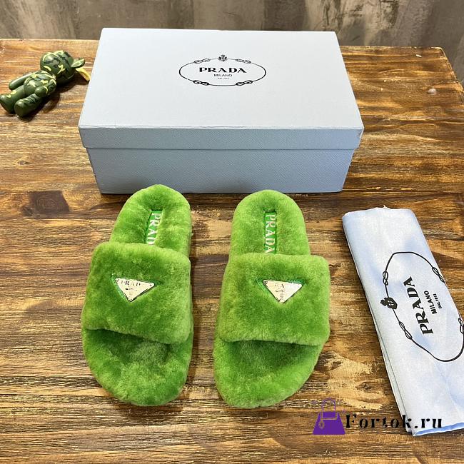 Fortok Prada Shearling Slipper Sandals Green - 1