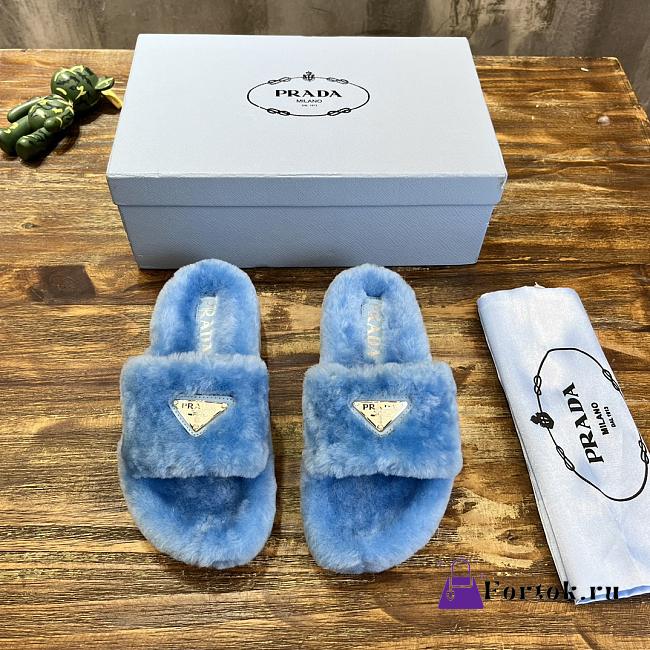 Fortok Prada Shearling Slipper Sandals Blue - 1