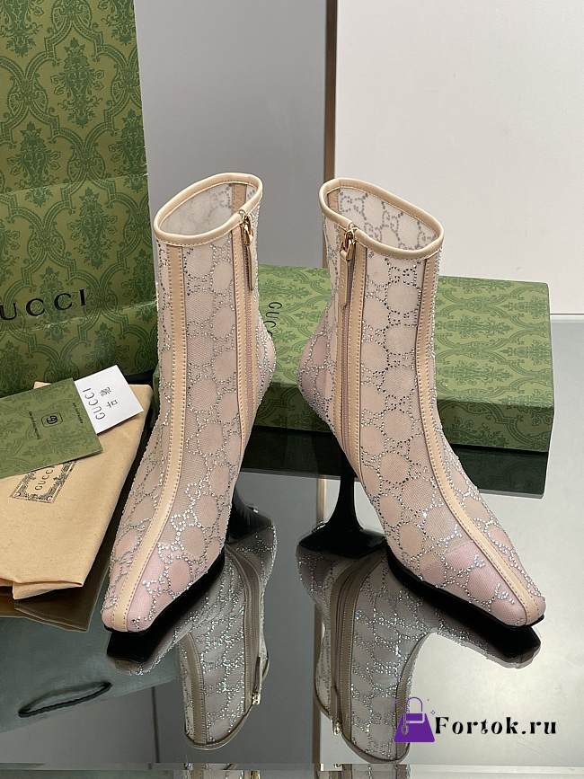 Fortok Gucci Beige Demi Crystal-embellished Mesh Ankle Boots - 1