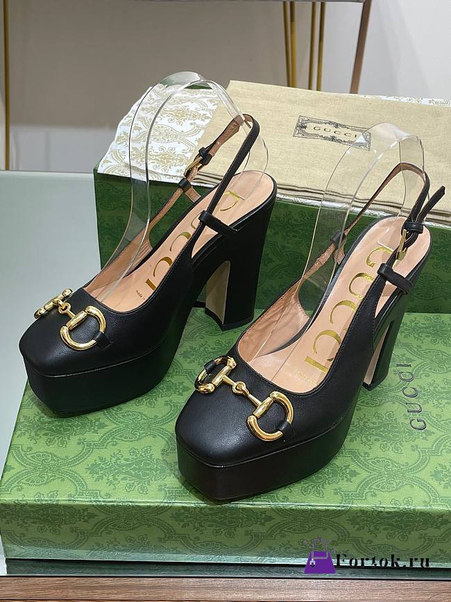 Fortok Gucci Black Horsebit Leather Slingback Platform Pump - 1