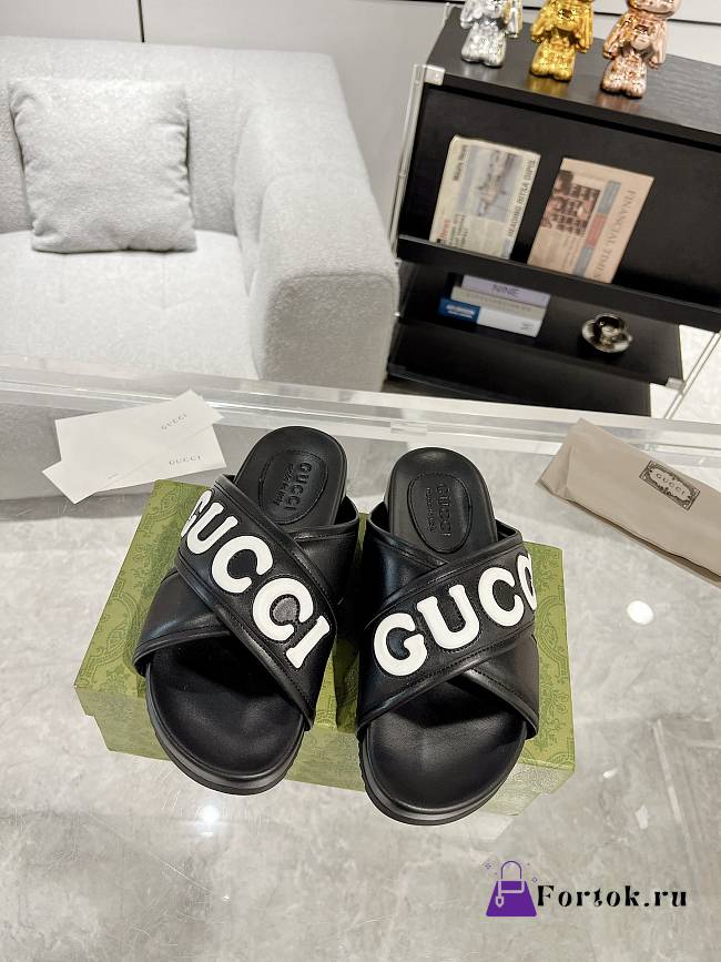 Fortok Gucci Logo-Patch Slides Black - 1