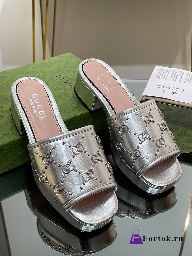 Fortok Gucci Platform Interlocking Double G Stud Sandals Silver - 1