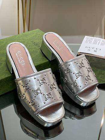 Fortok Gucci Platform Interlocking Double G Stud Sandals Silver