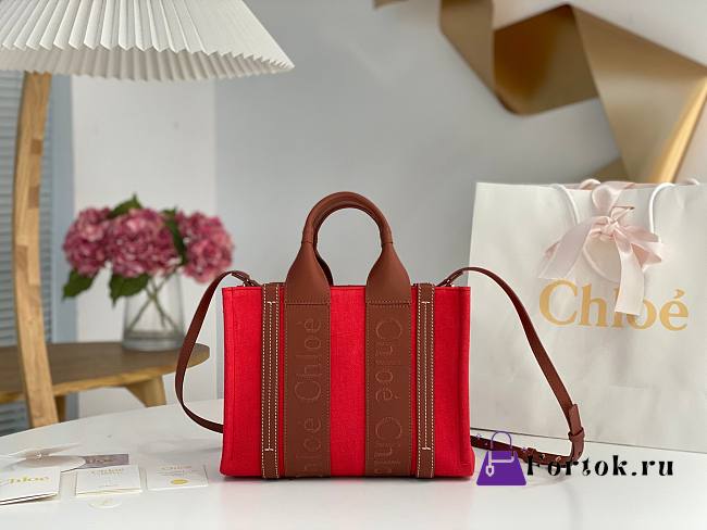 Fortok Chloe Small Woody Tote Bag Red 26.5x20x8cm - 1