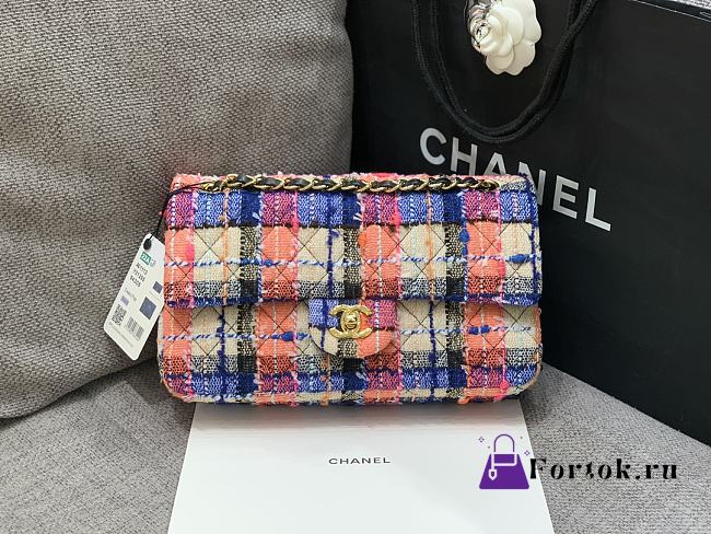 Fortok Chanel Tweed Quilted Medium Double Flap Blue Orange Yellow C881480 20cm  - 1