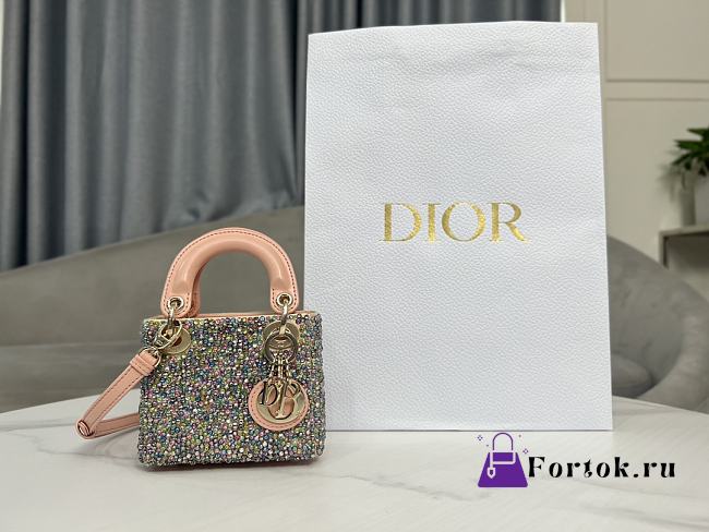 Fortok Dior Lady Micro Bag Pink Calfskin Embroidered with Multicolor Strass - 1