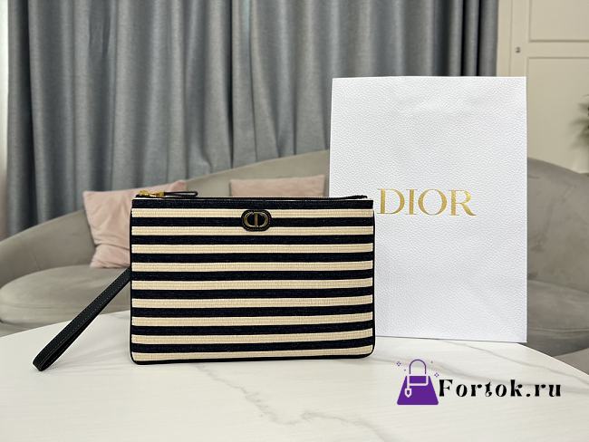 Fortok Dior Caro Daily Pouch Natural And Denim Blue Marinière Raffia 30x24.5cm - 1