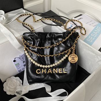 Fortok Chanel 22 Mini Pearl Handbag Shiny Crumpled Calfskin & Gold-Tone Metal Black