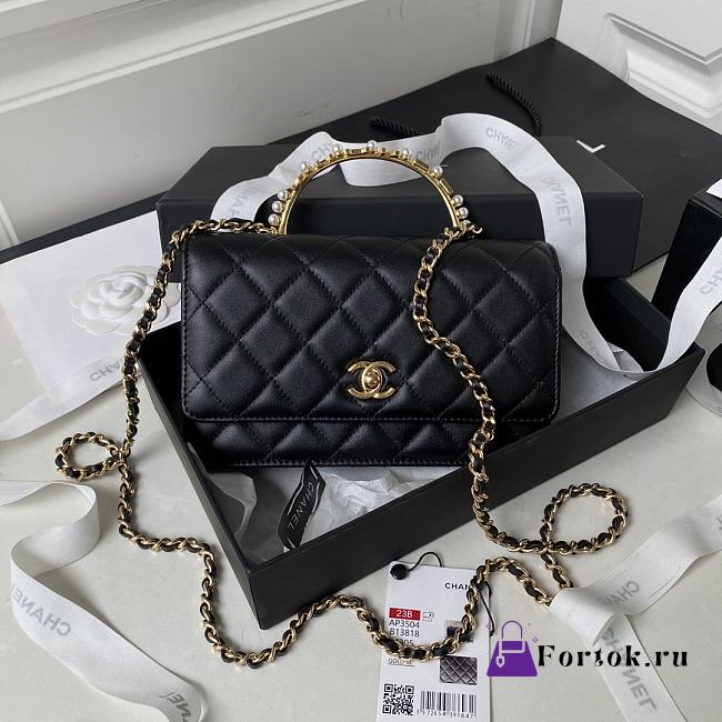 Fortok Chanel 23B Kelly Pearl Handle Bag Black AP3512 10×18×4.5cm - 1