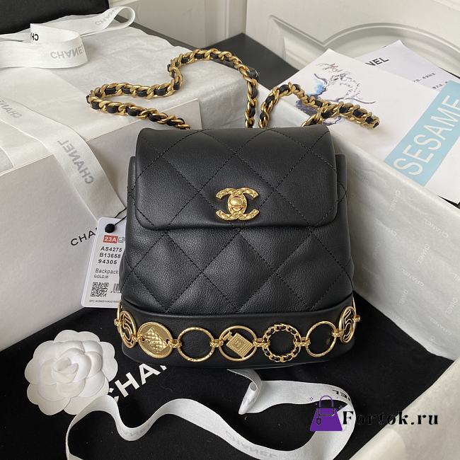 Fortok Chanel 23B Calfskin & Gold-Tone Metal Black Backpack AS4275 18x18x8cm - 1