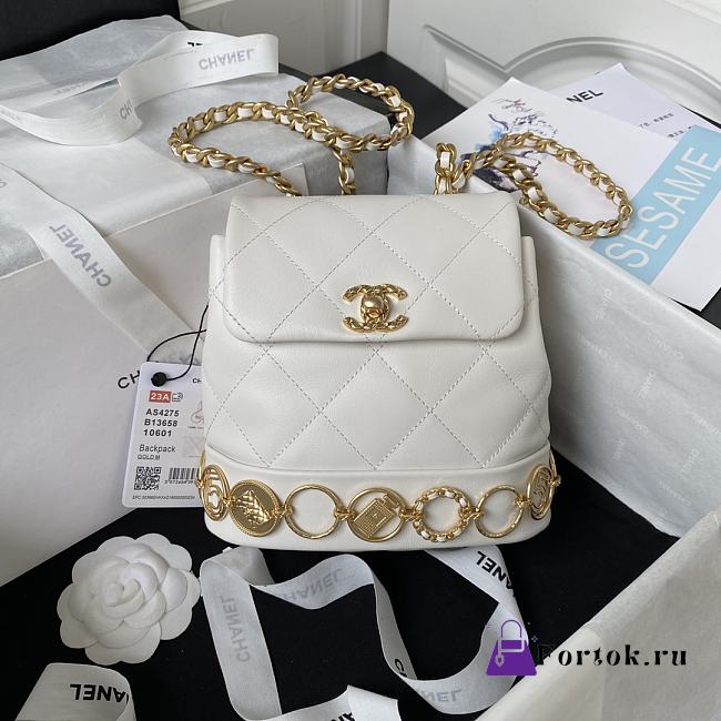 Fortok Chanel 23B Calfskin & Gold-Tone Metal White Backpack AS4275 18x18x8cm - 1