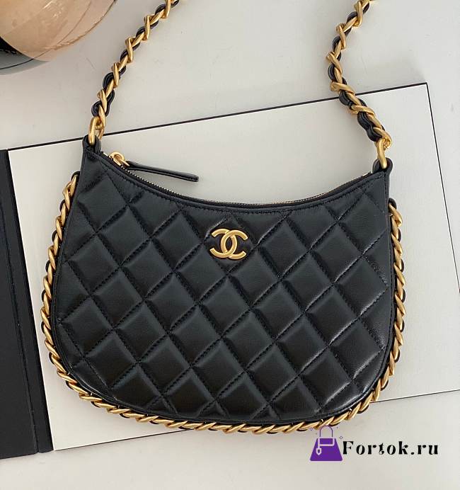 Fortok Chanel 23B Chain Hobo Armpit Bag Black 23.5x15x2cm - 1