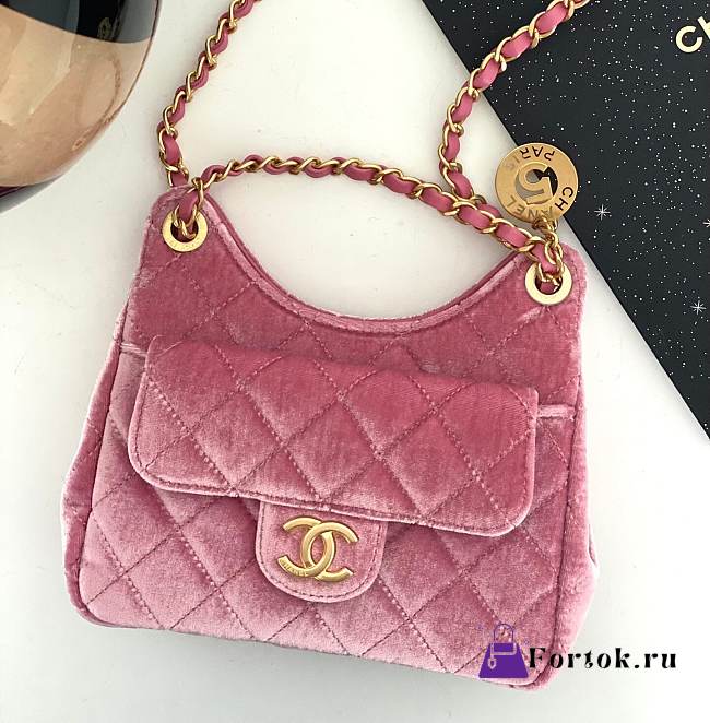 Fortok Chanel 23B Pink Velvet Bag 17x19x6cm - 1