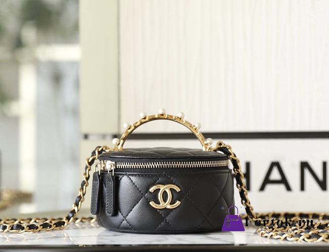 Fortok Chanel 23B Pearl Handle Chain Cosmetic Bag Black 6x11x9cm - 1