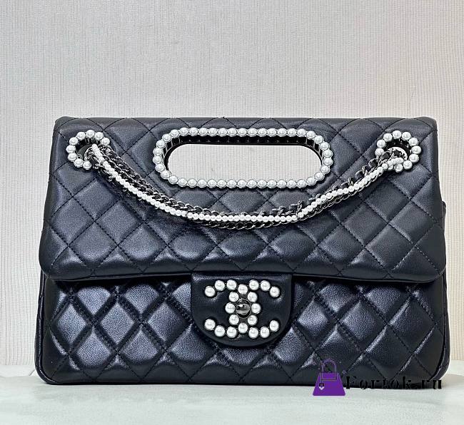 Fortok Chanel Small Shopping Bag Aged Shiny Lambskin Crystal Pearls & Black Metal in Black - 1