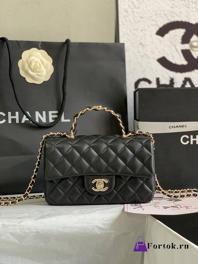 Fortok Chanel 23K Double C Logo Handle Lambskin Bag Black AS2431 20x12x6cm - 1