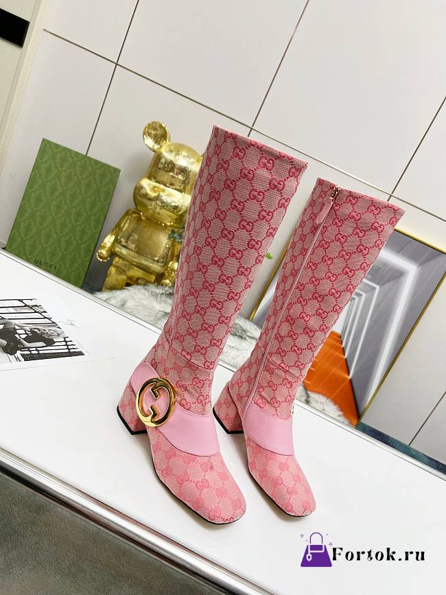 Fortok Gucci High Heel Stiletto Side Zipper Boots Pink - 1