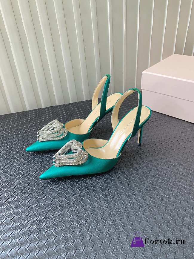 Fortok Mach&Mach SS23 Triple Crystal Heart-Embellished Satin Pumps Green - 1