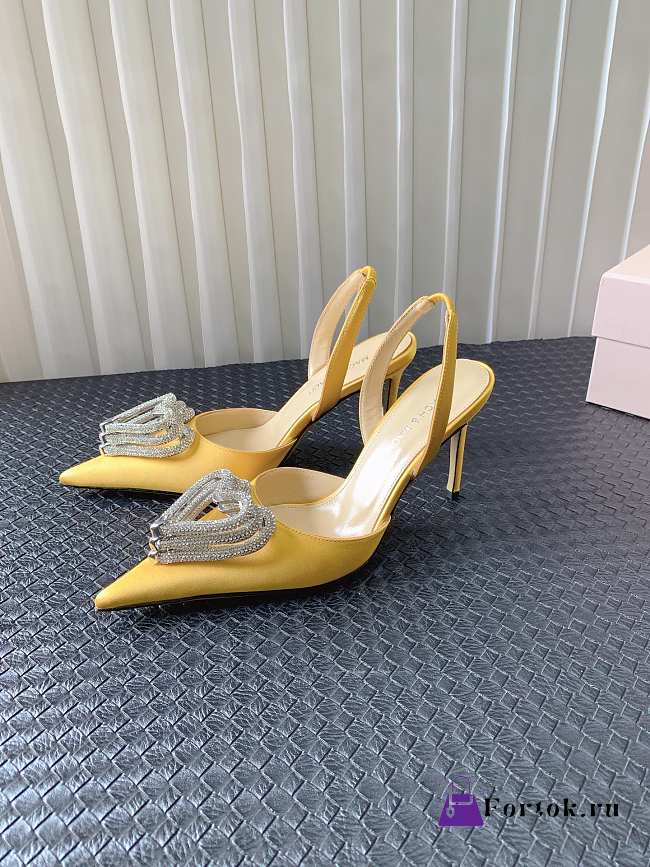 Fortok Mach&Mach SS23 Triple Crystal Heart-Embellished Satin Pumps Yellow - 1