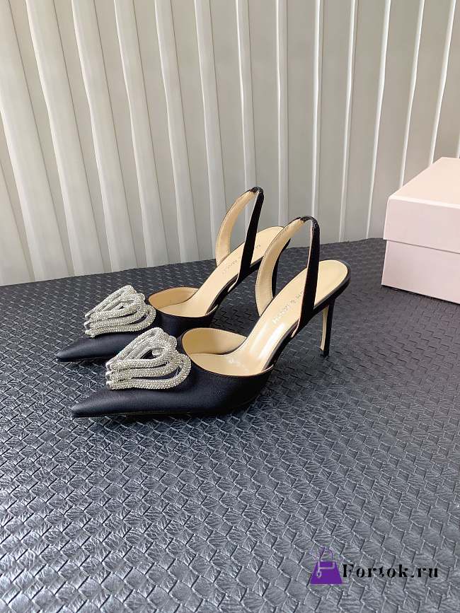 Fortok Mach&Mach SS23 Triple Crystal Heart-Embellished Satin Pumps Black - 1