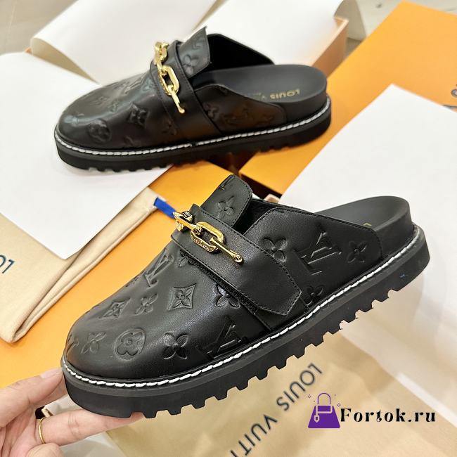 Fortok Louis Vuitton Flat Cozy Comfort Slippers Black - 1