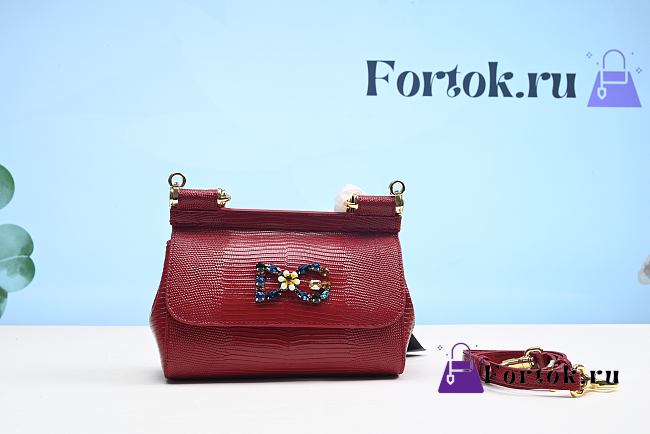 Fortok Dolce&Gabbana Sicily Handbag In Iguana Print Calfskin&Crystal DG Logo Patch Bag Red - 1