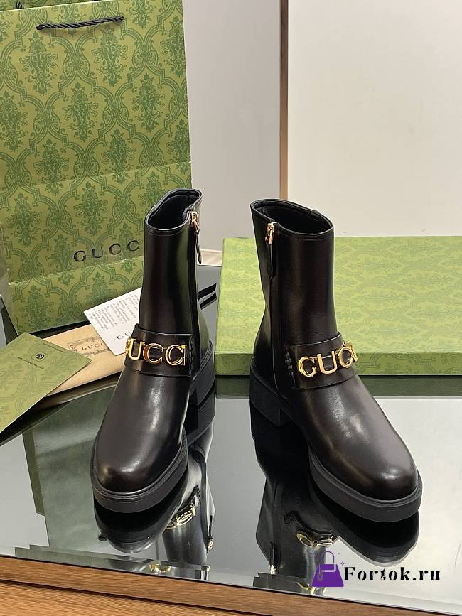 Fortok Gucci Logo Letter Gold Buckle Short Boots Black - 1