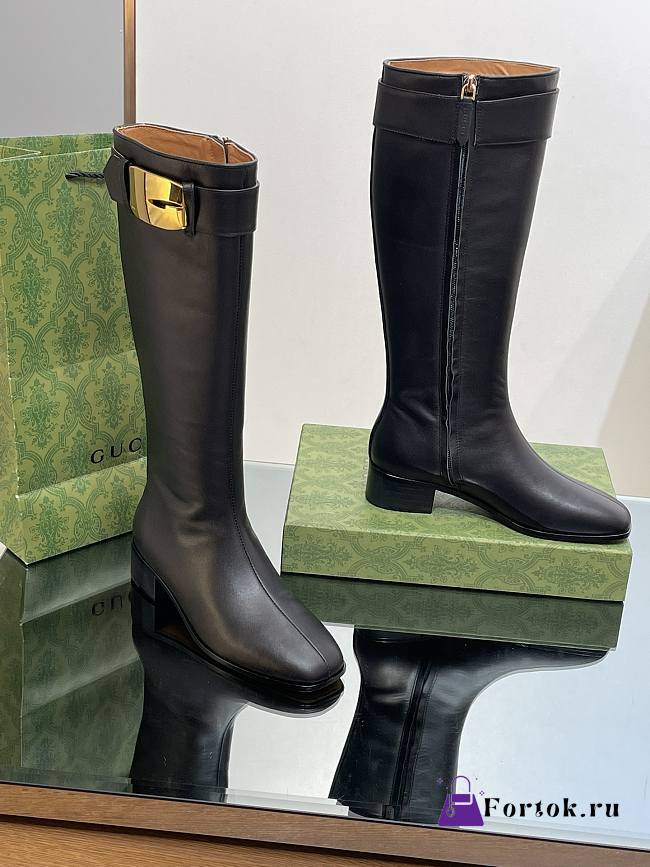 Fortok Gucci Black Carol Embellished Leather Knee Boots - 1