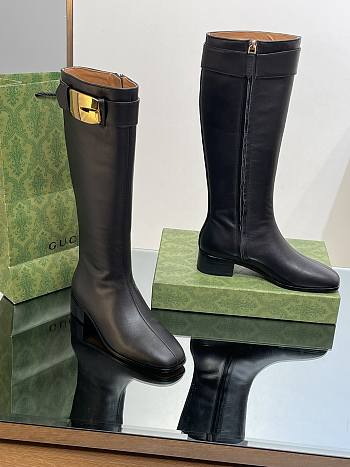 Fortok Gucci Black Carol Embellished Leather Knee Boots