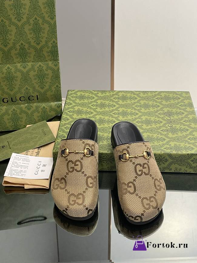 Fortok Gucci Horsebit Camel and Ebony Maxi GG Slides - 1