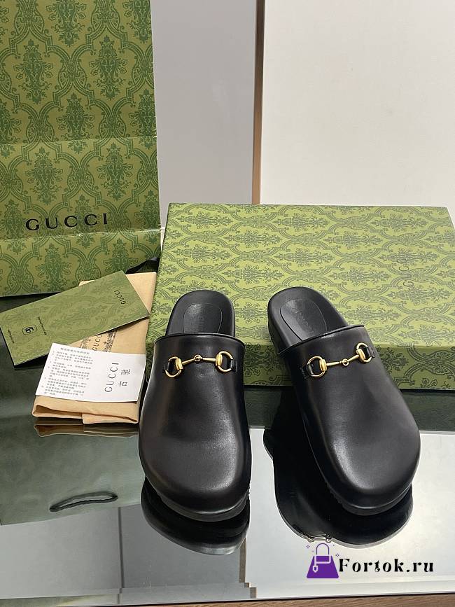 Fortok Gucci Horsebit Slides in Black - 1