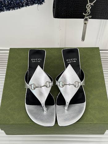 Fortok Gucci Thong Sandal With Horsebit Metallic Silver Leather