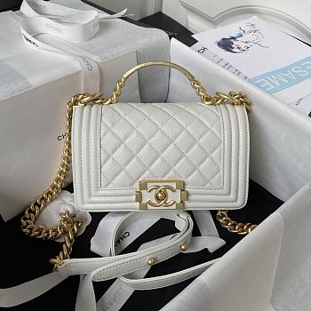 Fortok Chanel Leboy Foldable Bag With Handle Grained Leather Bag White 20cm