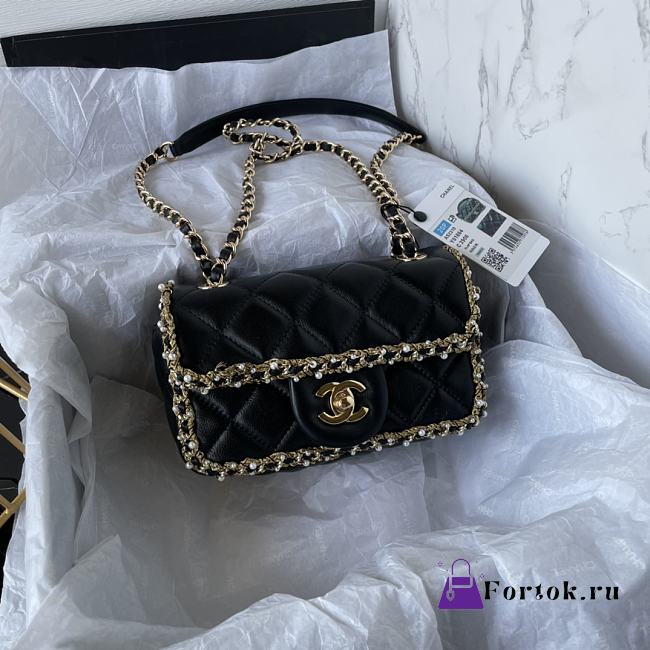 Fortok Chanel Lambskin Quilted Pearl Edge Mini Rectangular Flap Bag Black 19x12x7.5cm - 1