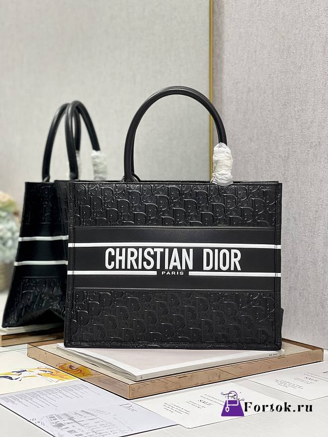 Fortok Dior Black Perforated Embossed Oblique Calfskin Tote Bag 36x28cm - 1