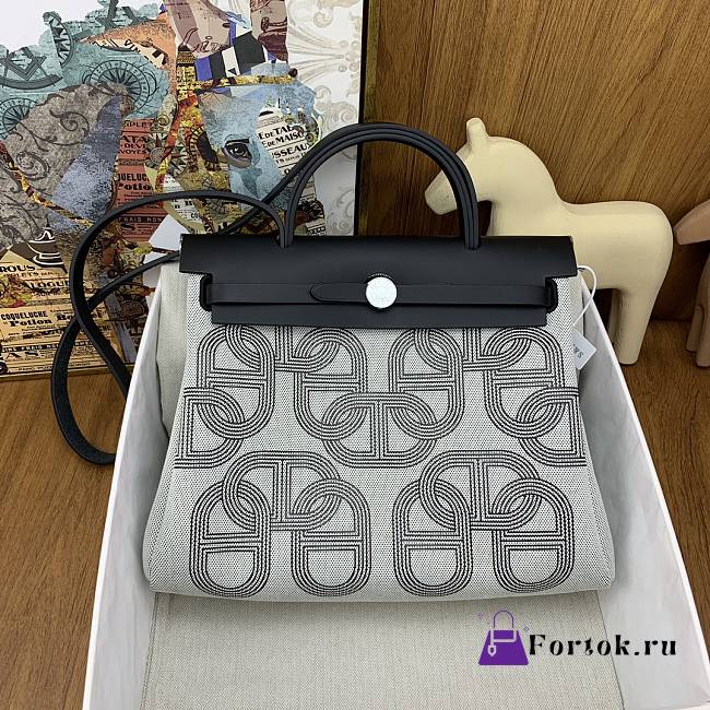Fortok Hermes Herbags Black and Grey Silver Hardware Bag 25x31x10cm - 1