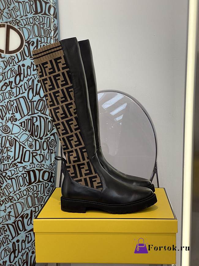 Fortok Fendi Tall Leather & Knit Sock Boots Brown - 1