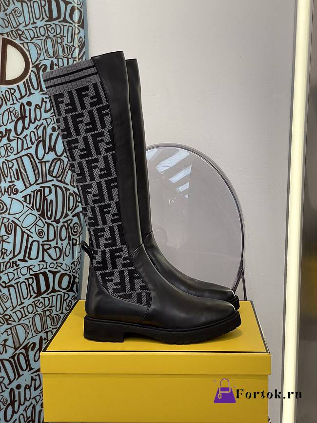 Fortok Fendi Tall Leather & Knit Sock Boots Black - 1