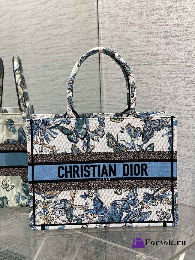 Fortok Dior White and Pastel Midnight Blue Toile de Jouy Mexico Embroidery Tote Bag 36×27.5×16.5cm - 1
