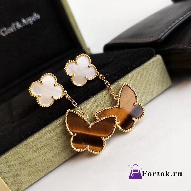 Fortok Van Cleef&Arpels Four-leaf Clover Tiger Eye Stone Butterfly Earrings - 1