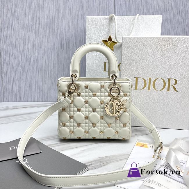 Fortok Dior Lady Cannage Lambskin with Gold-Finish Butterfly Bag White 20x17x8cm - 1