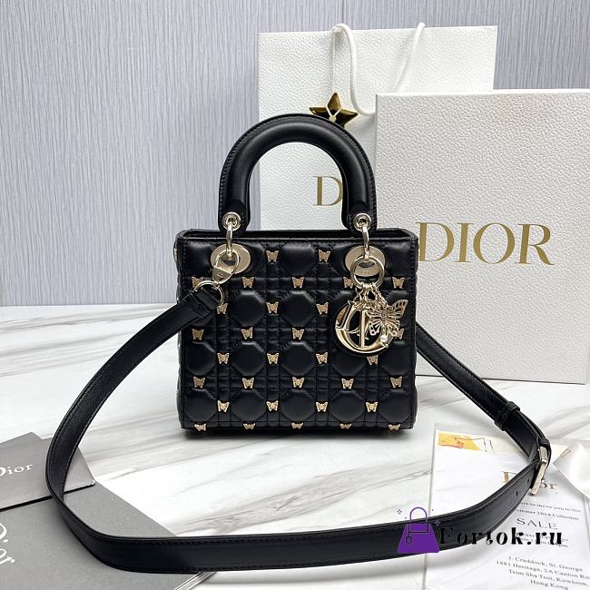Fortok Dior Lady Cannage Lambskin with Gold-Finish Butterfly Bag Black 20x17x8cm - 1