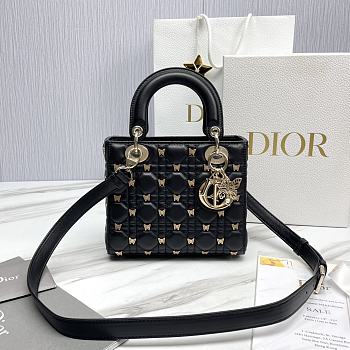 Fortok Dior Lady Cannage Lambskin with Gold-Finish Butterfly Bag Black 20x17x8cm