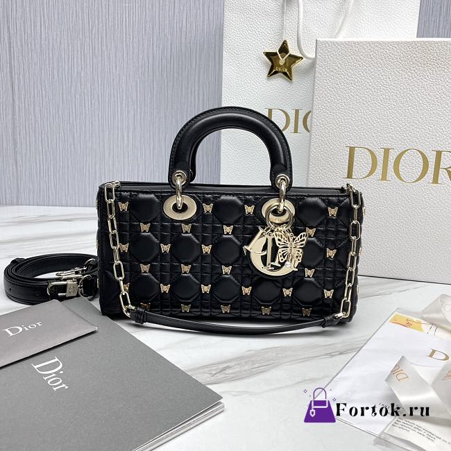 Fortok Dior Lady D-Joy Cannage Lambskin with Gold-Finish Butterfly Bag Black 26x13.5x5cm  - 1