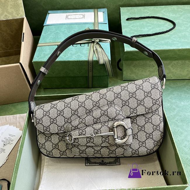 Fortok Gucci Horsebit 1955 Mini Shoulder Bag Beige&Ebony GG Supreme Canvas 764155 26.5x10.5x4cm - 1