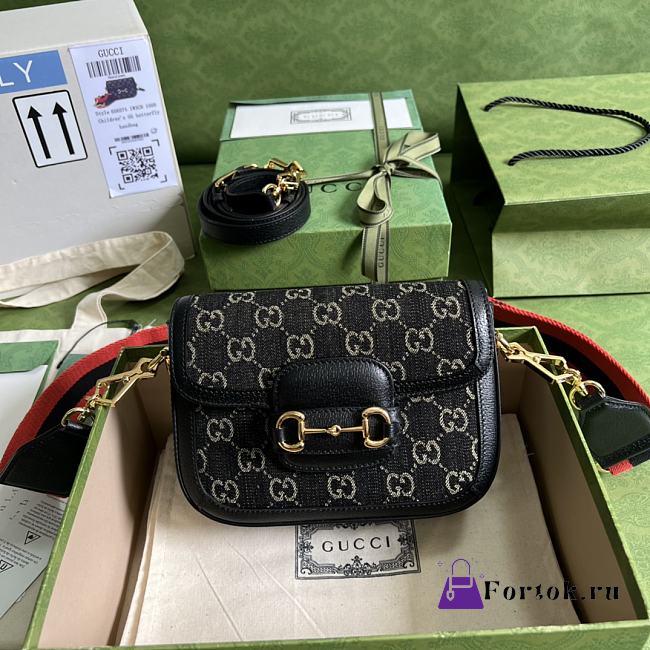 Fortok Gucci Horse 1955 Shoulder Bag Denim Black 658574 20.5x14x5cm - 1